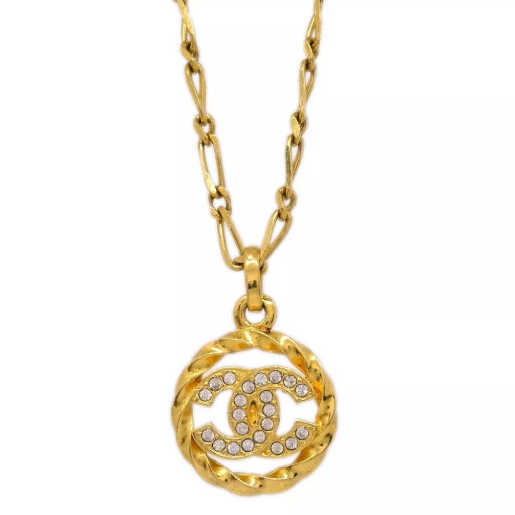 Chanel Medallion Pendant Necklace Rhinestone Gold 2658$